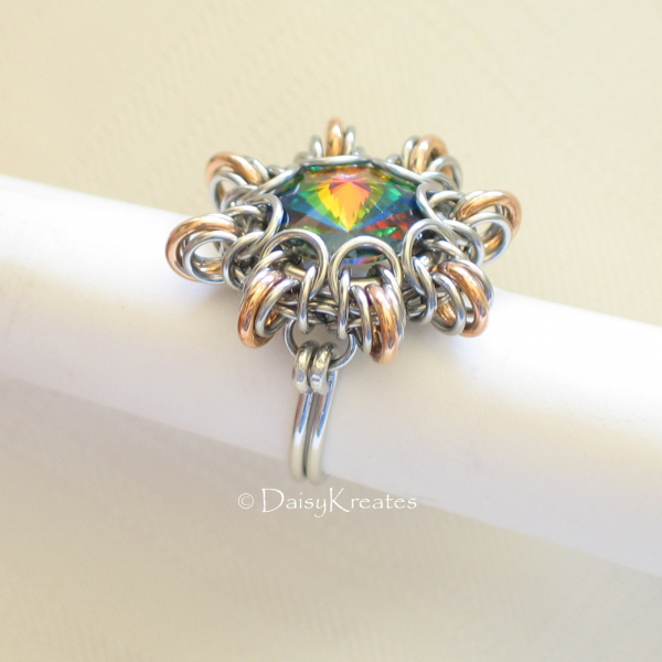 Byzantine Sun Finger Ring Featuring Swarovski Rivoli Stone in Mixed Metals