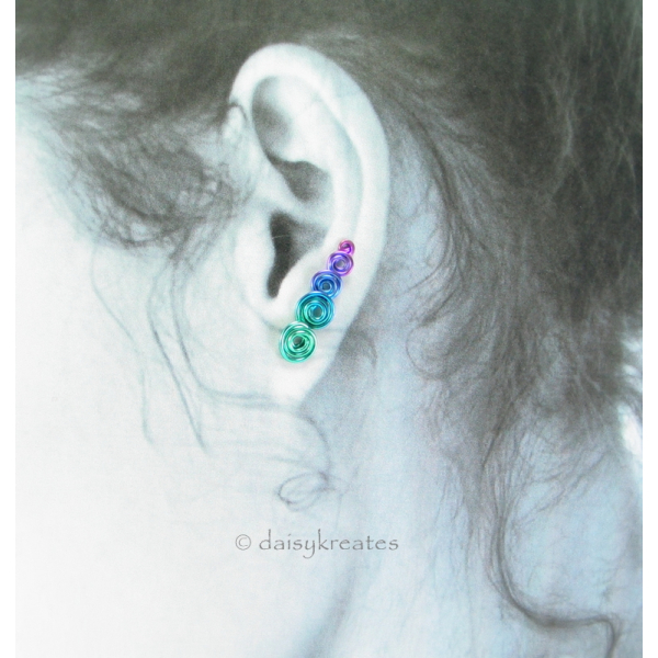 Multicolor Koru Spiral Ear Climber in Anodized Pure Niobium