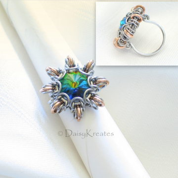 Byzantine Sun Finger Ring Featuring Swarovski Rivoli Stone in Stainless Steel and Bronze